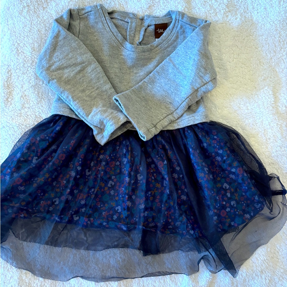 Tea Collection Gray and Blue Long Sleeve Tulle  Dress